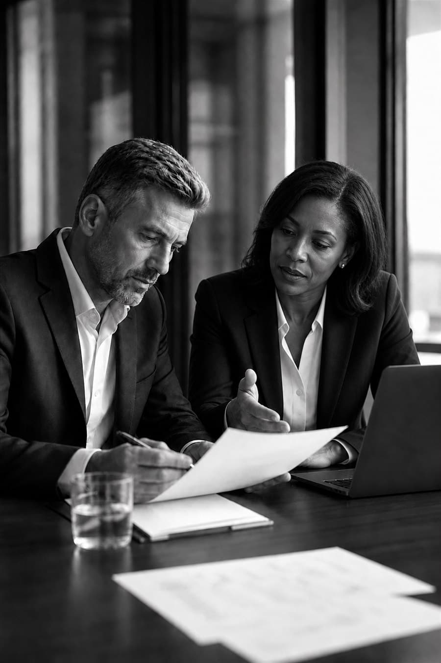 Two senior transaction professionals reviewing deal materials