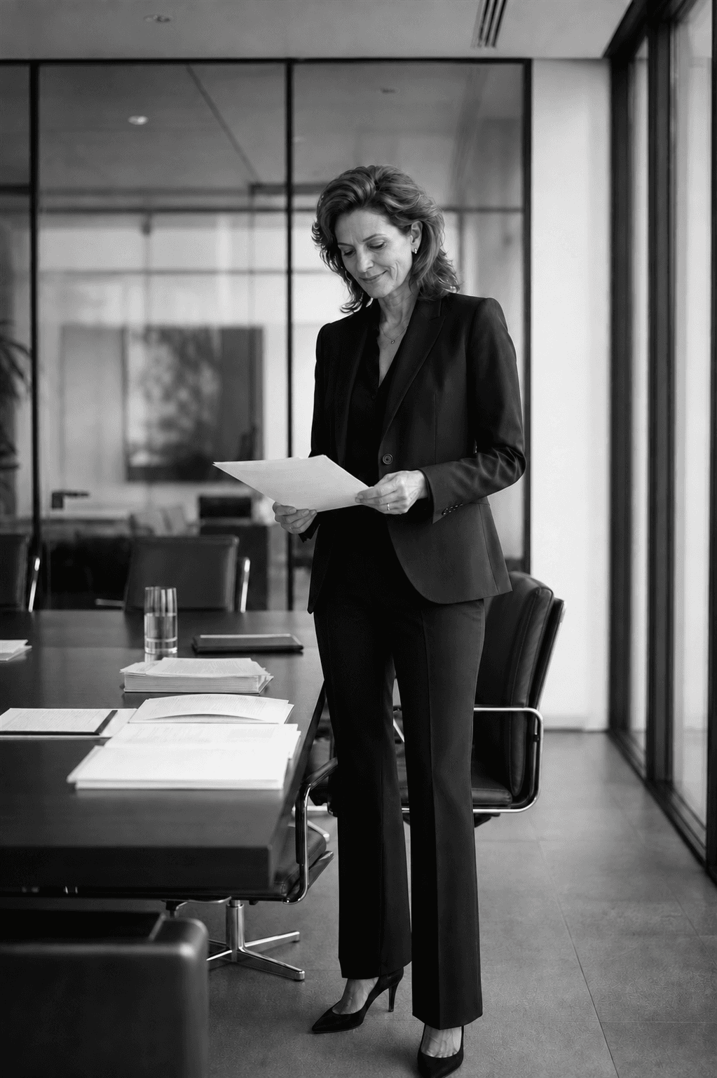 Senior investment professional reviewing transaction materials in a boardroom